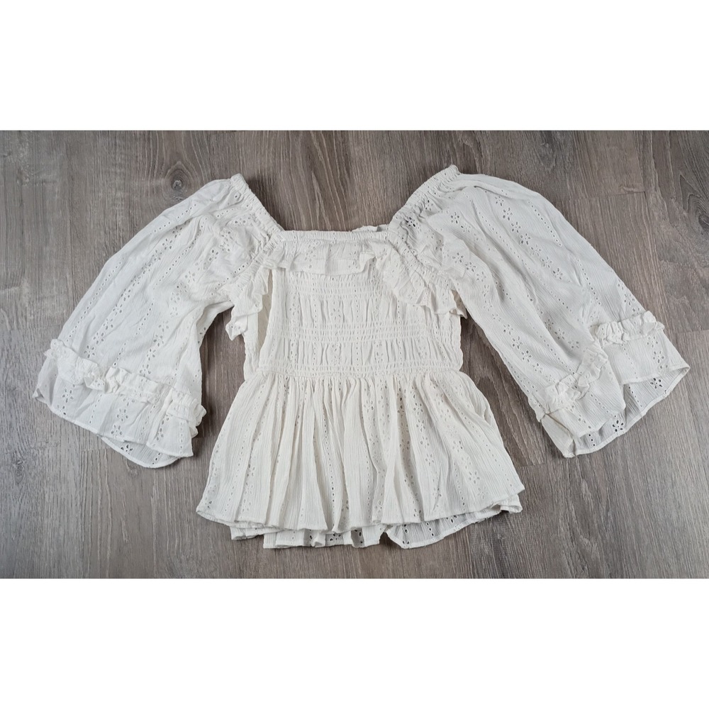 Arula Smocked X (14/16 XL) Peplum Ruffle Eyelet Top Blouse White Boho Whimsical